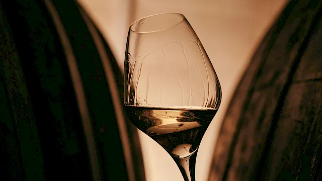 A hand holds a glass of pale sparkling wine, framed by dark curtains, with warm light behind it.